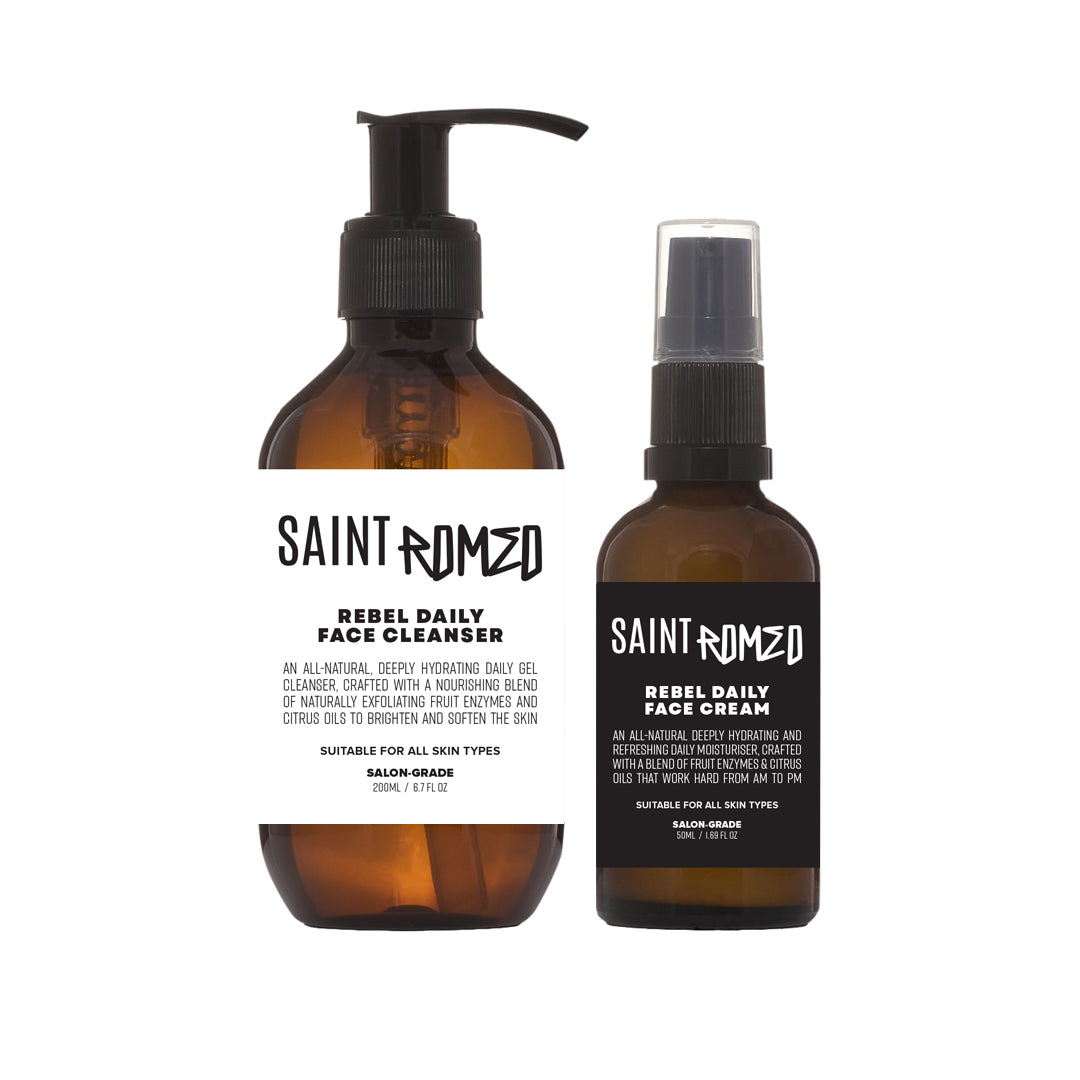 Set of Saint Romeo skincare products including the Rebel Daily Face Cleanser and Rebel Daily Face Cream