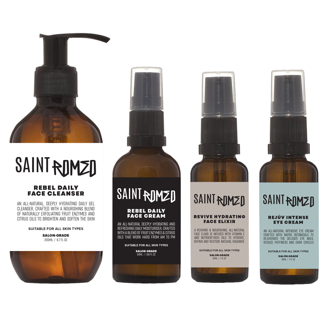 Set of Saint Romeo skincare products including the Rebel Daily Face Cleanser, Rebel Daily Face Cream, Revive Hydrating Face Elixir, and Rejuv Intense Eye Cream.